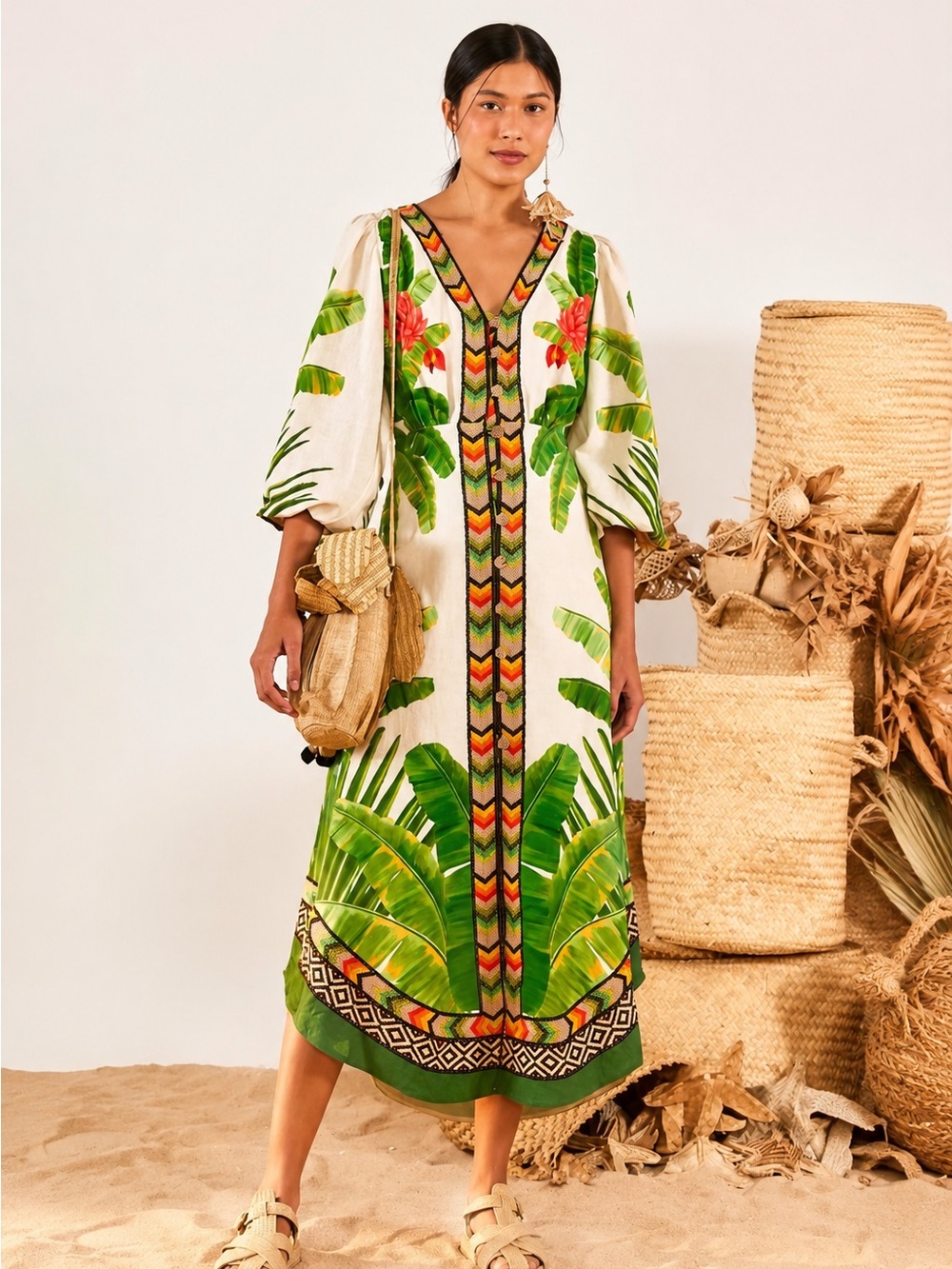 Farm Rio Fresh Forest Linen-Blend MIDI Dress